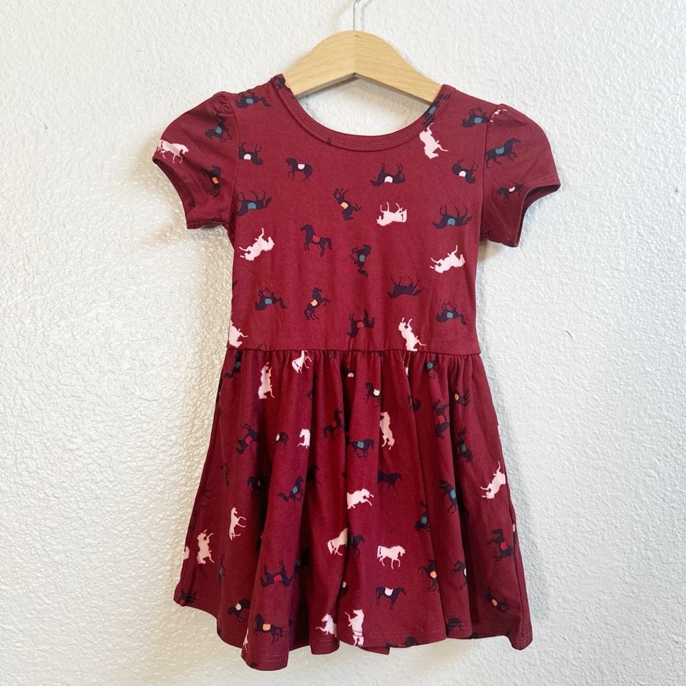 NWT Dot Dot Smile Maroon Horse Cap Sleeve Twirl Dress Baby Girl Size 12-24 Month